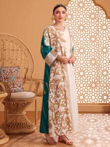 Al Najma 女士时尚优雅随机花卉印花 V 领长袖阿拉伯风格连衣裙，朴素的卡夫坦