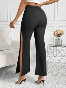 SHEIN Slayr 女款純色高衩寬褲 - 黑色 - 查看 2