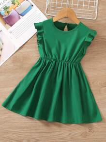 SHEIN Young Girl Summer Dress With Ruffles, Casual Fashion Ruched Dress - Dark Green - View 1