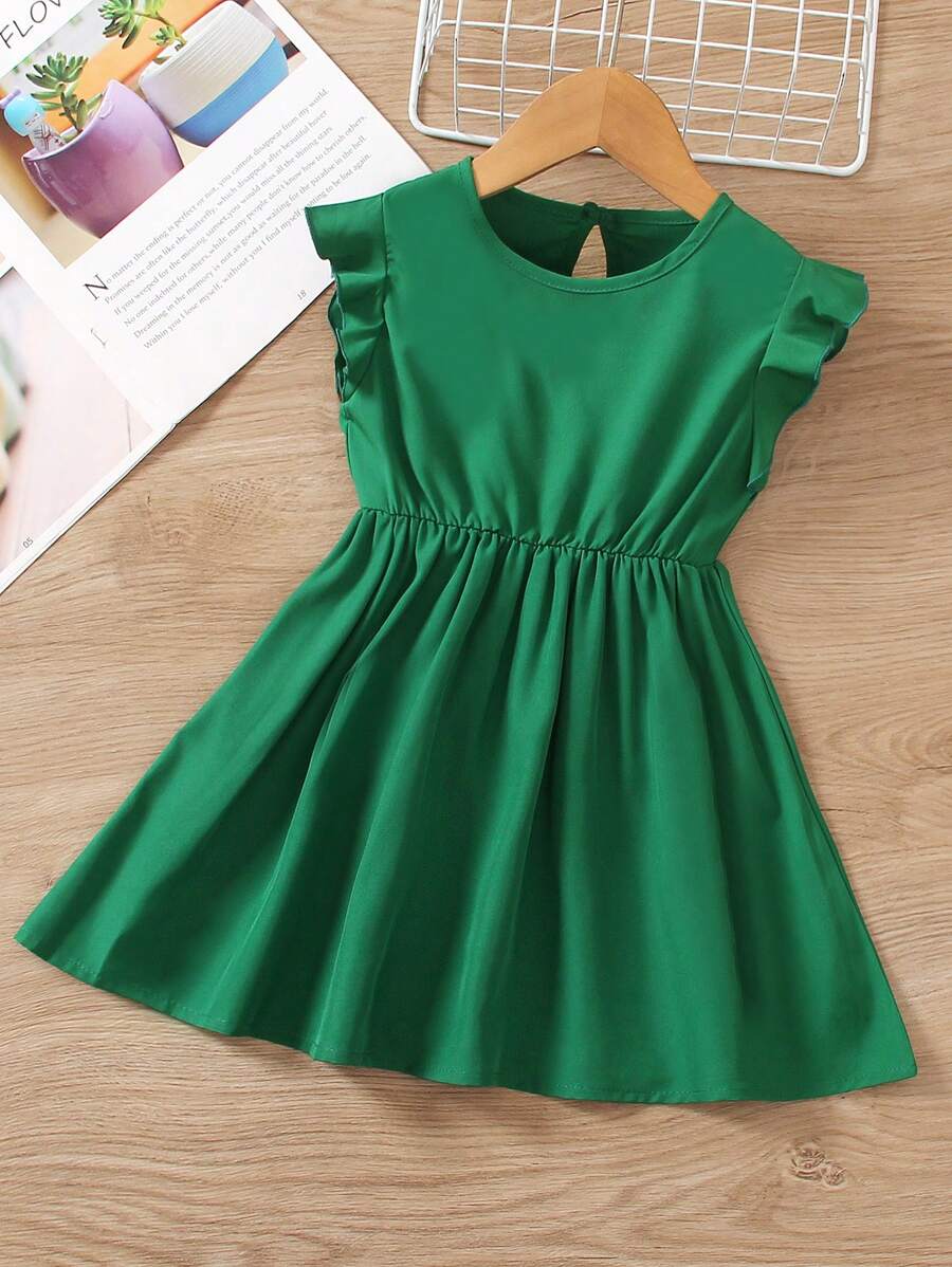 SHEIN Young Girl Summer Dress With Ruffles, Casual Fashion Ruched Dress - Dark Green - View 1