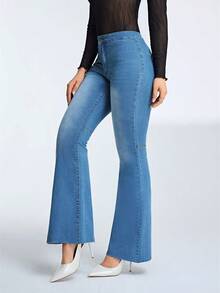 SHEIN Privé 女式修身喇叭牛仔褲 - 中等水洗藍 - 查看 5