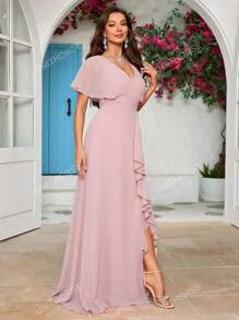 Women's V-Neck Chiffon Bridesmaid Dress With Slit Elegant Dress, Birthday Women Outfits, Graduation Dress, Formal Dress