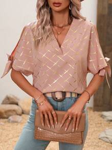 SHEIN LUNE 女款 V 領格紋印花正面繫帶襯衫 - 粉色 - 查看 4