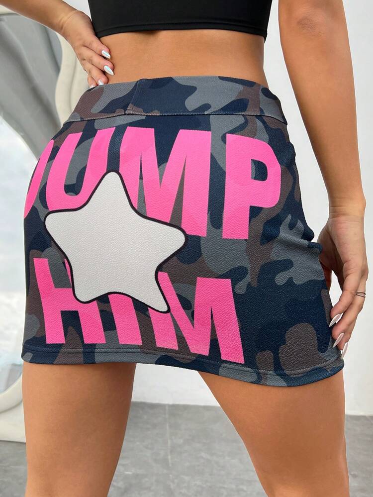 Women'S Camouflage Star & Letter Print Bodycon Mini Skirt