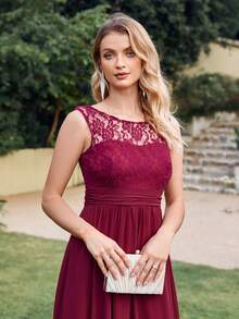 無袖腰部修身連身裙 - 酒紅色 - 查看 4