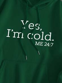 SHEIN EZwear Slogan Printed Kangaroo Pocket Hoodie - Dark Green - View 3