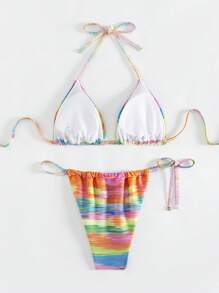 SHEIN Swim 女士撞色露背系带比基尼套装夏季海滩 - 彩色 - 查看 6