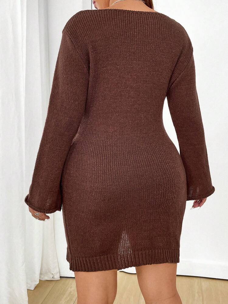 Plus Size Solid Color Skinny Sweater Dress With Flare Sleeves