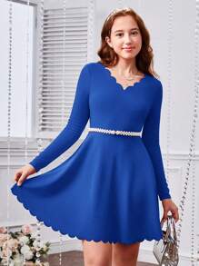 SHEIN 少女們的針織純色波浪和燒花紋休閒長袖連衣裙 - 寶藍色 - 查看 3