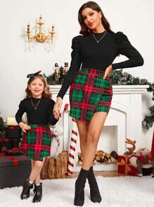 SHEIN 女孩聖誕派對長袖格紋裙連髮箍 - 黑色 - 查看 1