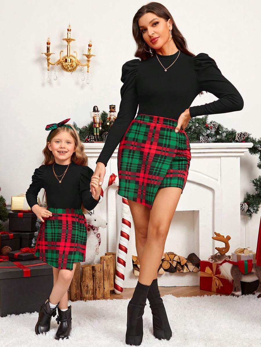 SHEIN 女孩聖誕派對長袖格紋裙連髮箍 - 黑色 - 查看 1