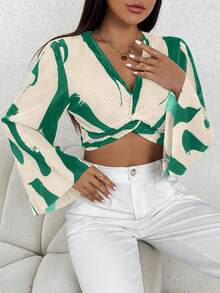 SHEIN PETITE 扭結細節泡泡袖短款上衣 - 綠色 - 查看 4