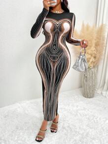SHEIN Slayr 女士連身印花修身包臀裙 - 黑與白 - 查看 6