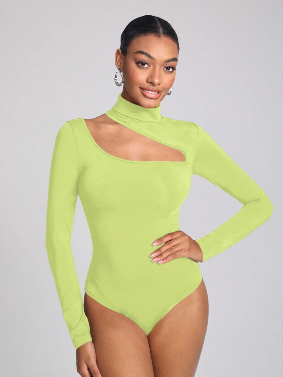 NEW FEMME Turtle Neck Longsleeve Bodysuit With Cut Out - Green - View 1