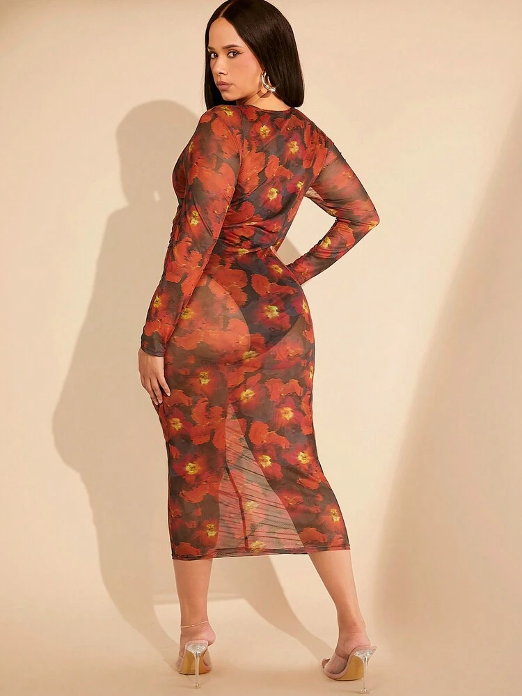 Plus Size Women's Floral Print Pleated Long Sleeve Dress
