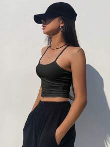Dazy Star Top corto de color liso con cuello halter, top halter para salir - Negro - Ver 4