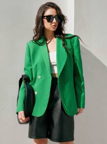 Anewsta Ladies' Solid Color Shawl Collar Double Breasted Blazer - Green - View 1