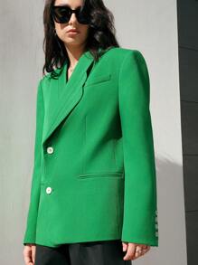 Anewsta Ladies' Solid Color Shawl Collar Double Breasted Blazer - Green - View 7