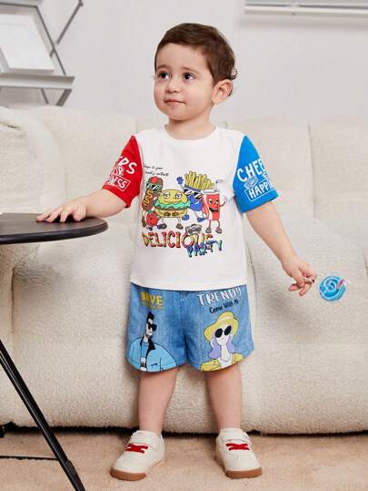 SHEIN 嬰兒男童漫畫圖案拼接短袖t恤和短褲休閒套裝