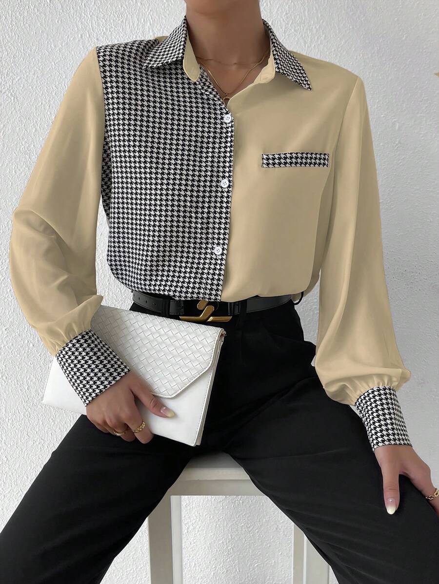 SHEIN Privé 女士拼接大腳紋長袖衣 - 杏色 - 查看 1