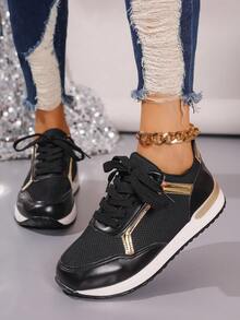 Ladies' Lace-Up Solid Color Flat Casual Shoes With Patchwork Design - Black - View 3