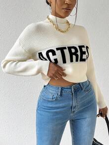 SHEIN Slayr Lá thư In Tay áo dài Áo len - trắng - Xem 3