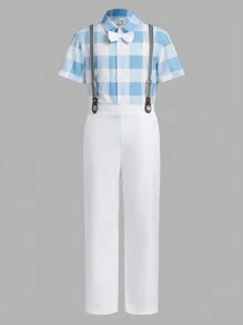 少年格子襯衫配可拆式背帶和長褲，紳士套裝 - 白色 - 查看 2