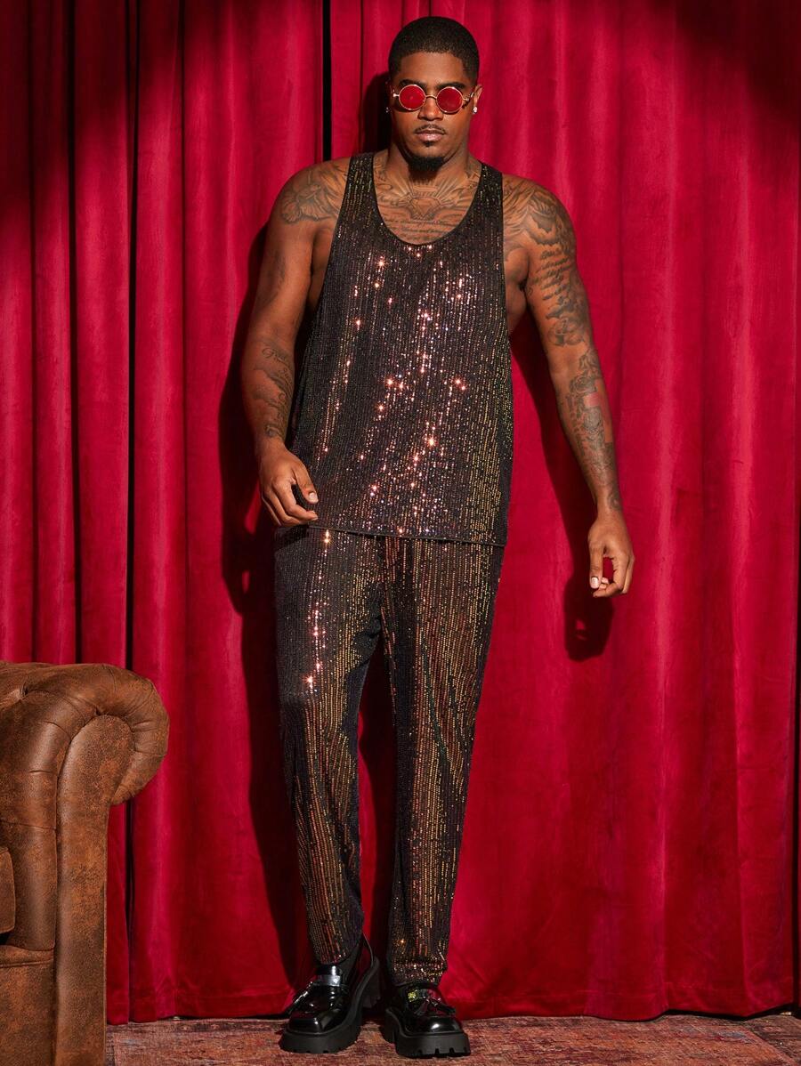 Manfinity VCAY Bộ quần áo ba lỗ đính sequin cỡ lớn dành cho nam - Vàng - Xem 1