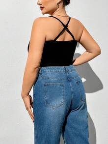 SHEIN Essnce 大尺寸夏季時尚 Y2k 黑色不對稱褶邊交叉背心領上衣,適用於休閒場合 - 黑色 - 查看 3