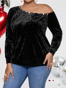 Flirla 大尺碼珍珠裝飾絨面運動衫