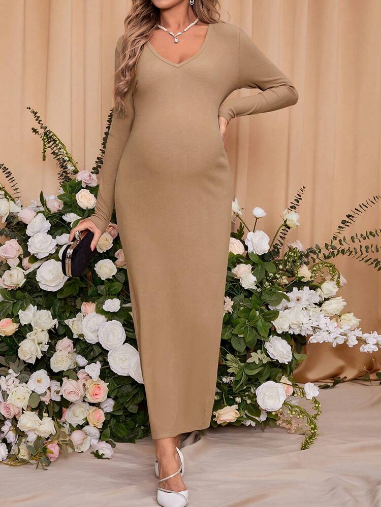 Maternity V-neck Long Sleeve Slim Fit Bodycon Dress