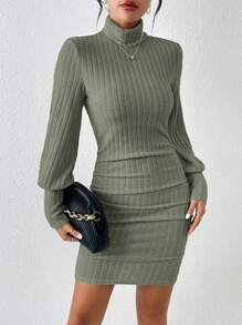 SHEIN Frenchy 女士高領肋紋修身連衣裙 - 軍綠色 - 查看 4