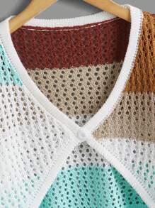 SHEIN Áo khoác cardigan dệt kim phối màu dành cho bé gái tuổi teen, thiết kế khoét rỗng và cài một nút. - Nhiều màu - Xem 4