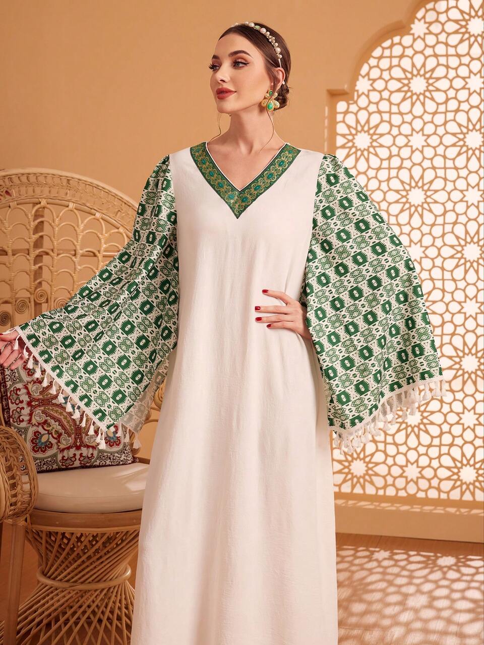 Women'S V-Neck Floral Lace Trim Color Block Casual Dress With Flared Sleeves