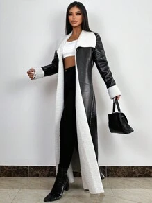 Zolique 女款pu皮革色塊長外套,超大翻領設計 - 黑色 - 查看 3