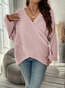 SHEIN Clasi Của phụ nữ Kết cườm Vượt qua Mặt trước Áo chui đầu Áo len - Hồng - Xem 6