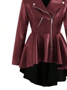 大尺碼不對稱下擺外套 - 酒紅色 - 查看 4