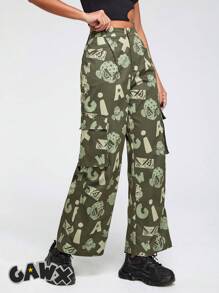 GAWX Artist Cartoon Graphic Flap Pocket Side Cargo Pants, For Holiday, Vacation, Festival