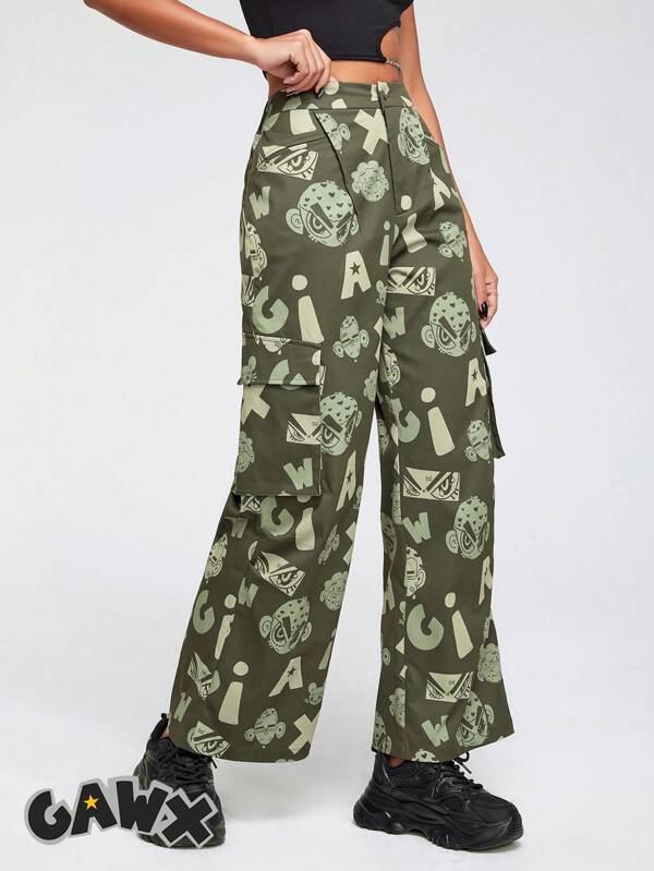 GAWX Artist Cartoon Graphic Flap Pocket Side Cargo Pants, For Holiday, Vacation, Festival