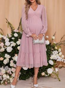 SHEIN Maternity Swiss Dot Ruffle Sleeve Dress - Pink - View 3