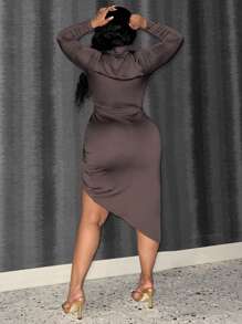 SHEIN Slayr Plus Size Long Sleeve Asymmetrical Hem Dress - Coffee Brown - View 5