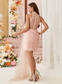 SHEIN Belle Vestido De Noche Decorado Con Flores 3d Y Lentejuelas, Encaje Y Detalles De Piel Con Estilo Pesado - Rosa - Ver 6