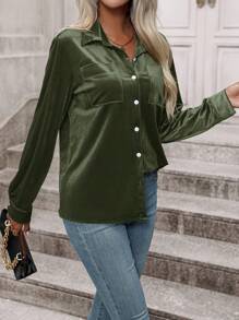 EMERY ROSE Solid Color Velvet Shirt - Army Green - View 5