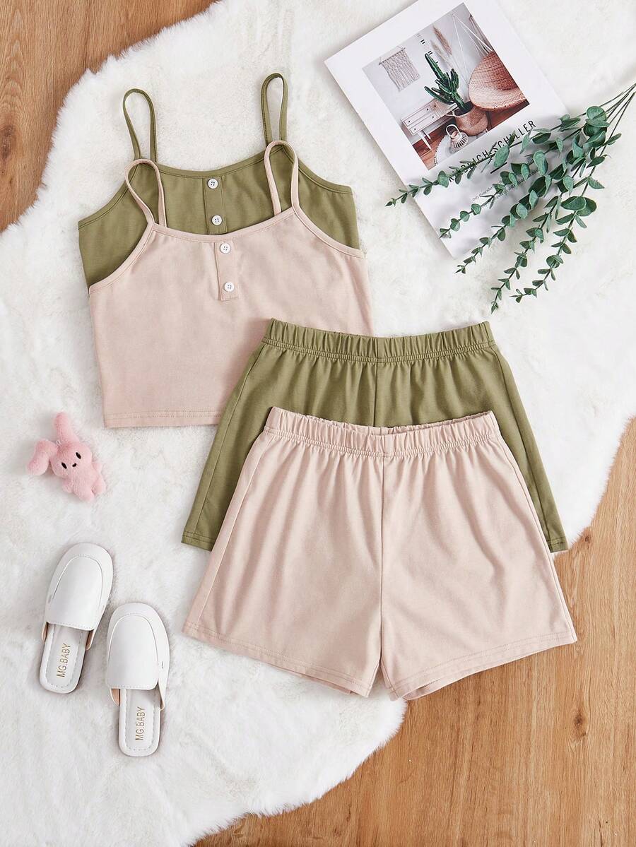 Cô gái Dệt kim Cami ngọn Với Khóa Đồ trang trí Và Eo đàn hồi Bộ quần short , Nhiều màu - Nhiều màu - Xem 1