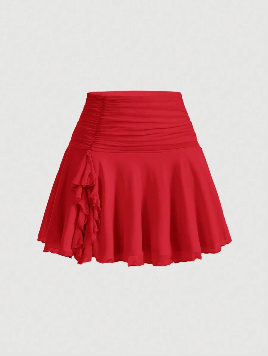 SHEIN MOD Women'S Pleated Ruffles Hem Skirt - Burgundy - View 1