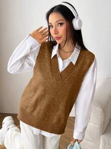 SHEIN EZwear Quý cô Màu thuần Dệt kim Áo vest - Cà phê nâu - Xem 3