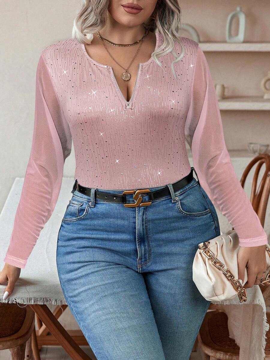 Celure Áo thun tay dài lưới tương phản cỡ lớn có khóa kéo nửa - Màu Hồng baby - Xem 1