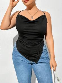 SHEIN Essnce 大尺寸夏季時尚 Y2k 黑色不對稱褶邊交叉背心領上衣,適用於休閒場合 - 黑色 - 查看 6