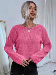 SHEIN Essnce Của phụ nữ Thả vai Tay áo dài Giải trí Áo len Áo chui đầu - Màu Hồng Tươi - Xem 4