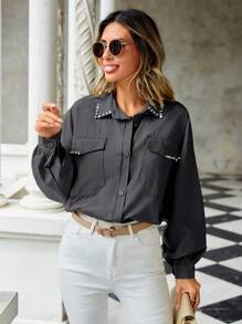 SHEIN Cottnline Women's Rhinestone Detailed Drop Shoulder Shirt - Black - View 3